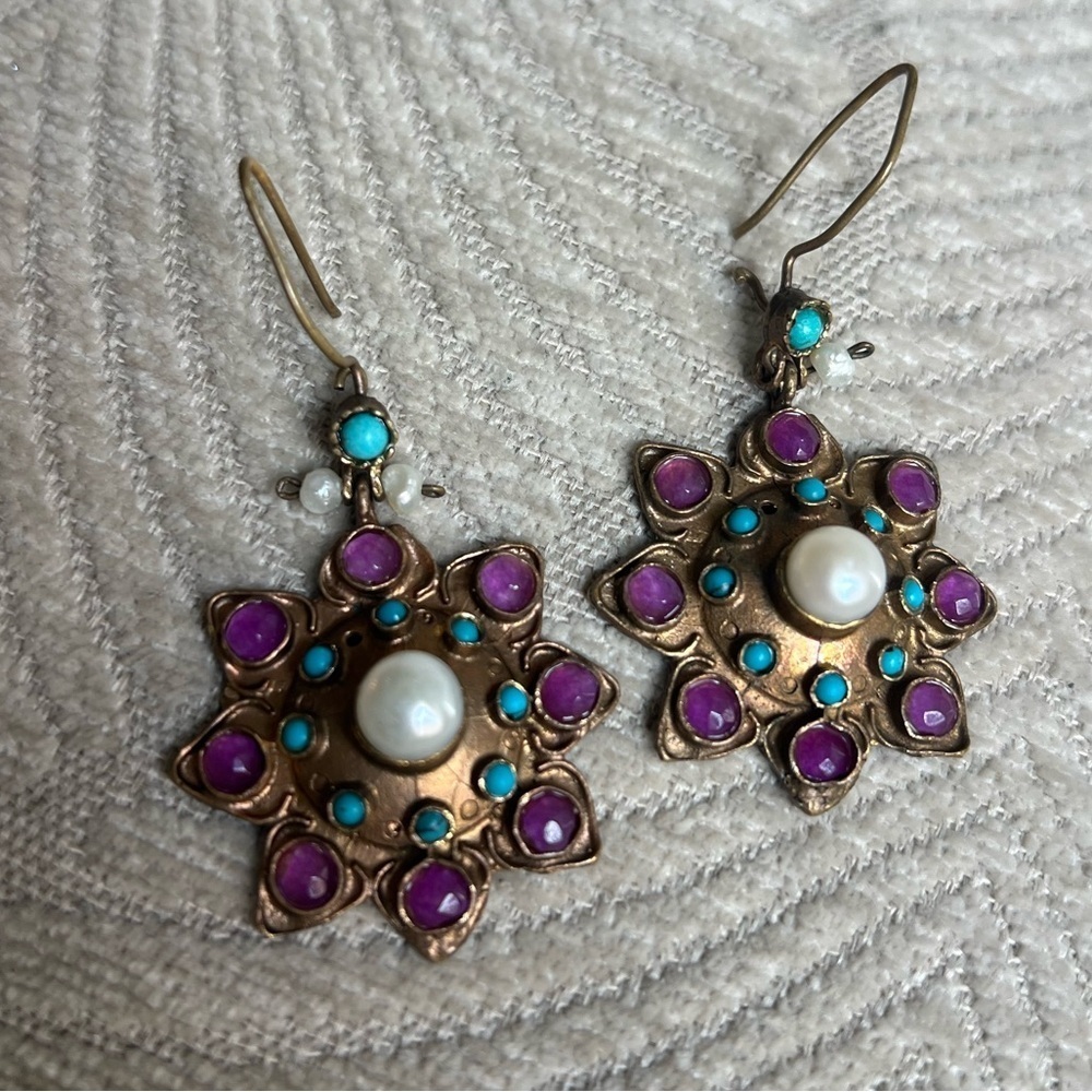 Boho Brass Flower Earrings – Faux Amethyst, Turquoise & Moonstone Glass Dangle